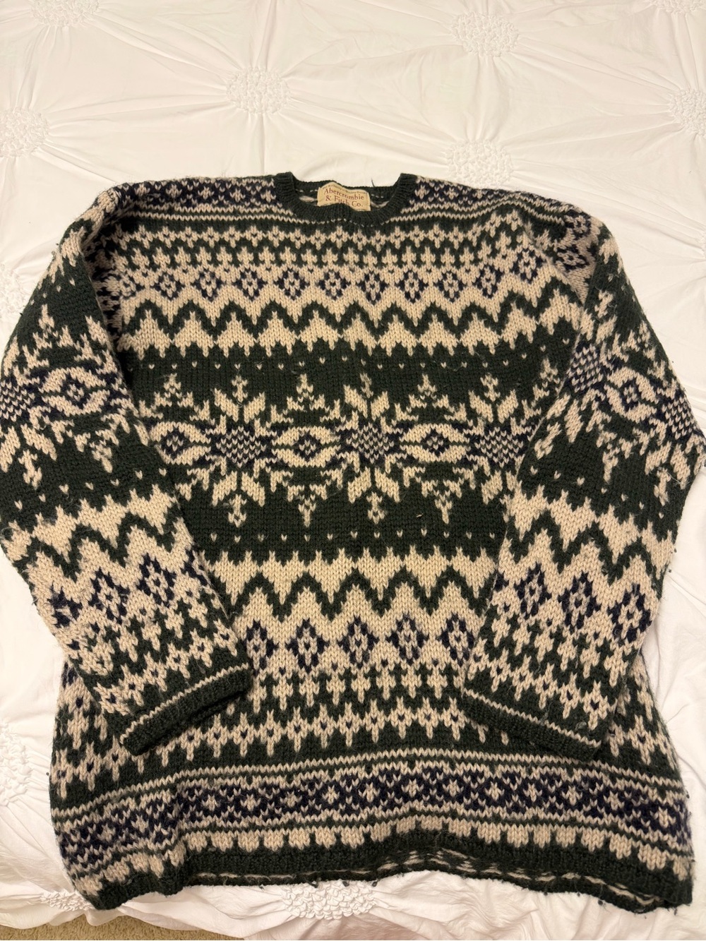 Men's Fair Isle Wool Crewneck Sweater Green Cream Vintage Abercrombie Small Y2K